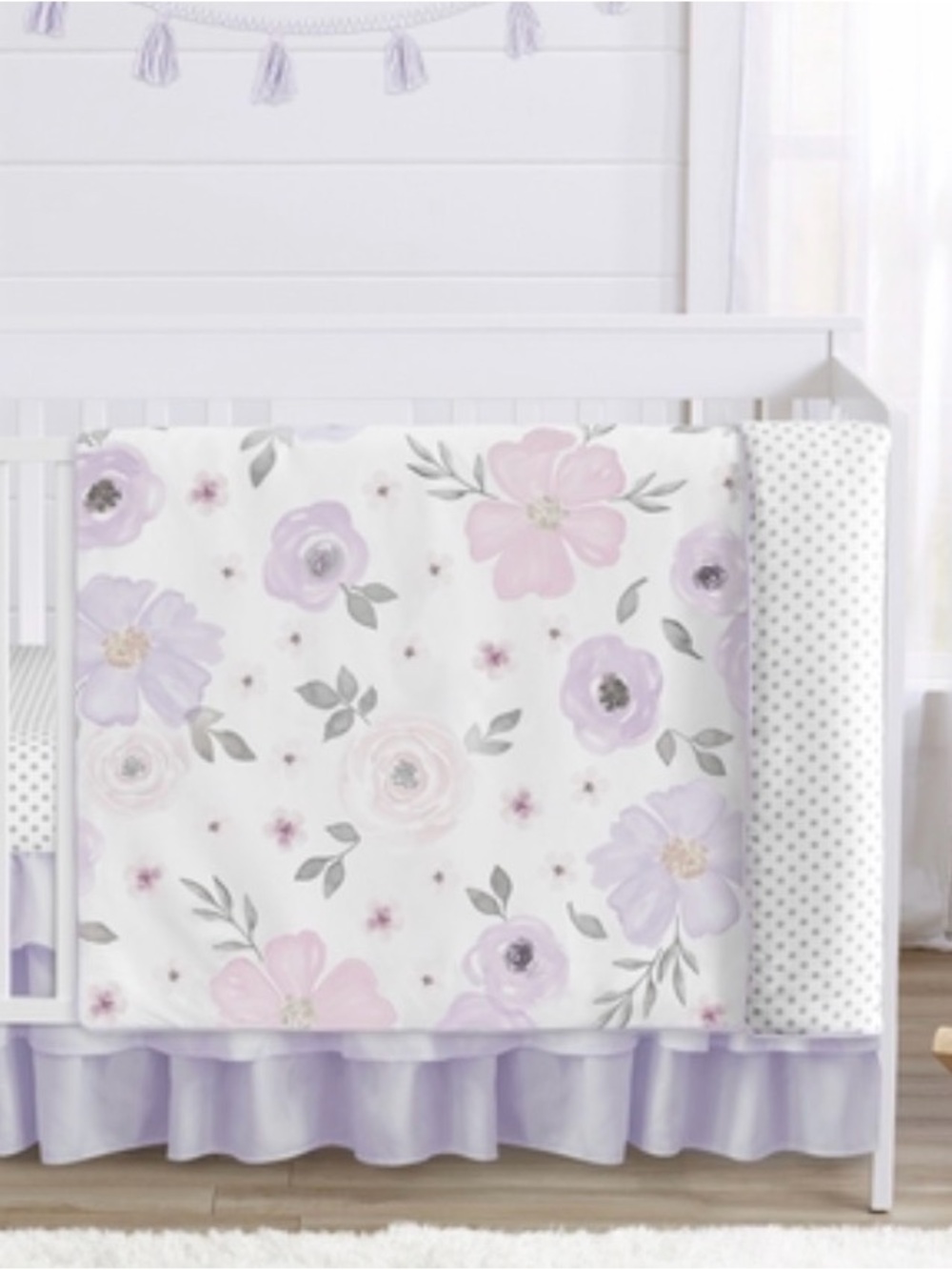Sweet Jojo Watercolor Floral Lavender And Grey Collection Crib/Toddler Bed Set